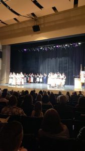 A wide view of the theater: dancers and tamburaši performing on stage in front of a full audience.