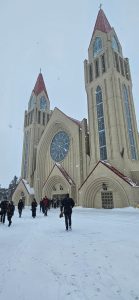 The Queen of Peace church in Norval, Ontario, in the snow.